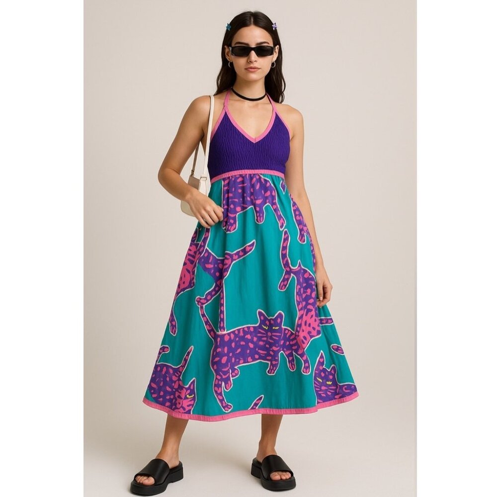 Vintage 1990s Jeanne Marc cat print festival halter dress